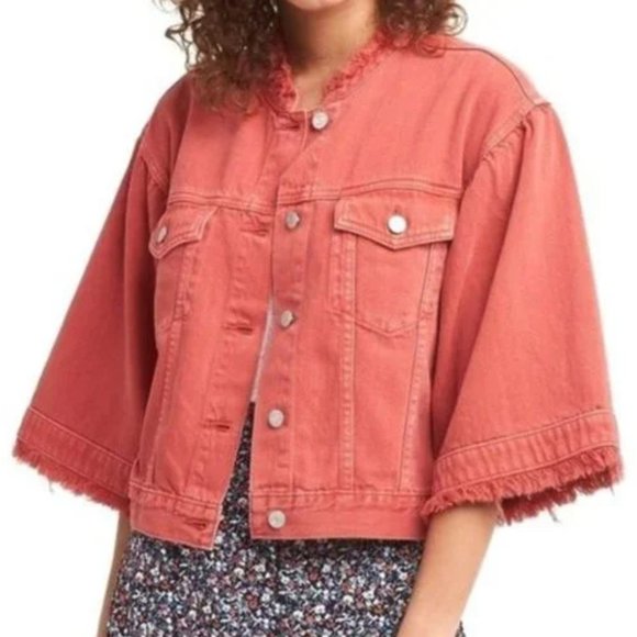 GAP Fringe Boho Denim Jacket with wide bell flared sleeves in Red Crimson S - Picture 2 of 13